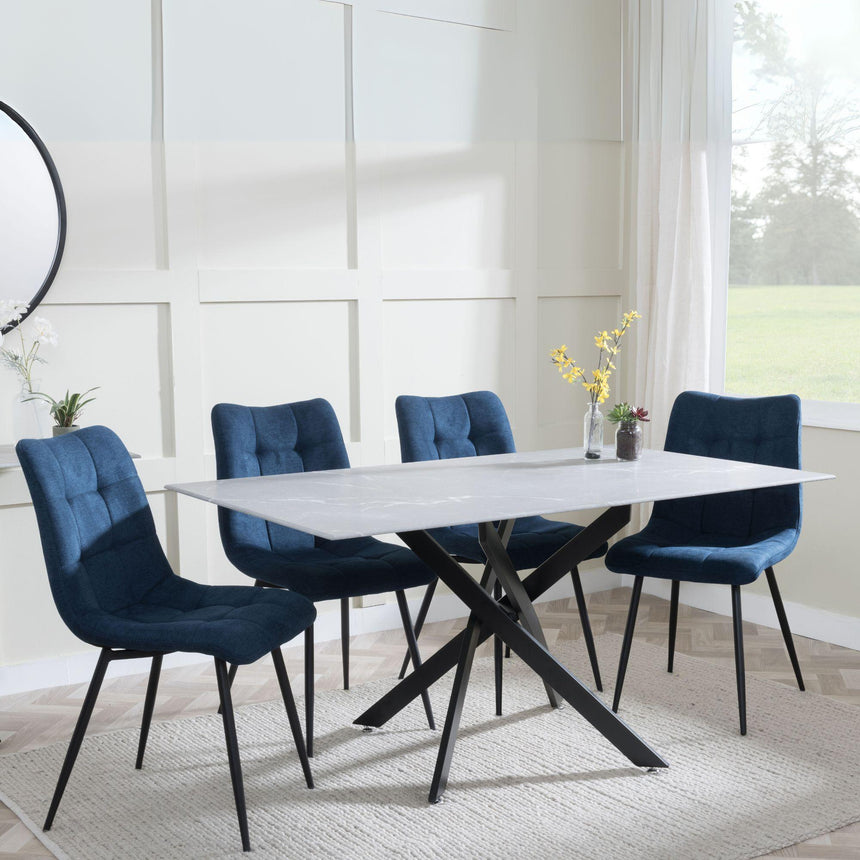 Clearance - Chopstick Grey Glass and Black Metal Dining Set - Corona Blue Fabric Chairs-2