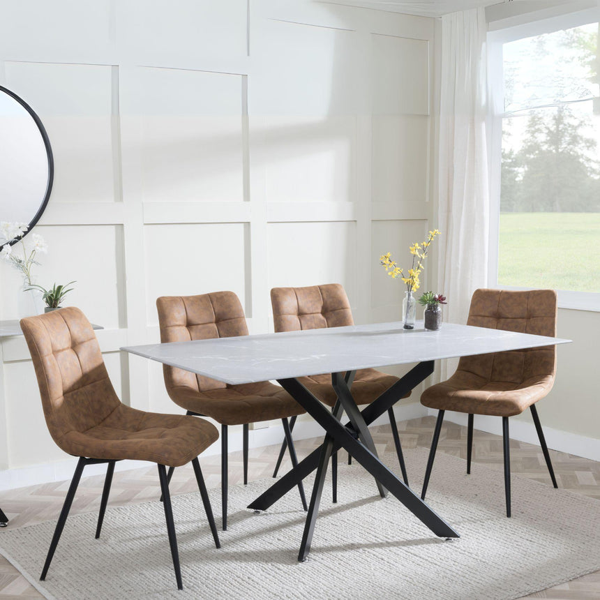 Clearance - Chopstick Grey Glass and Black Metal Dining Set - Corona Brown Fabric Chairs-8
