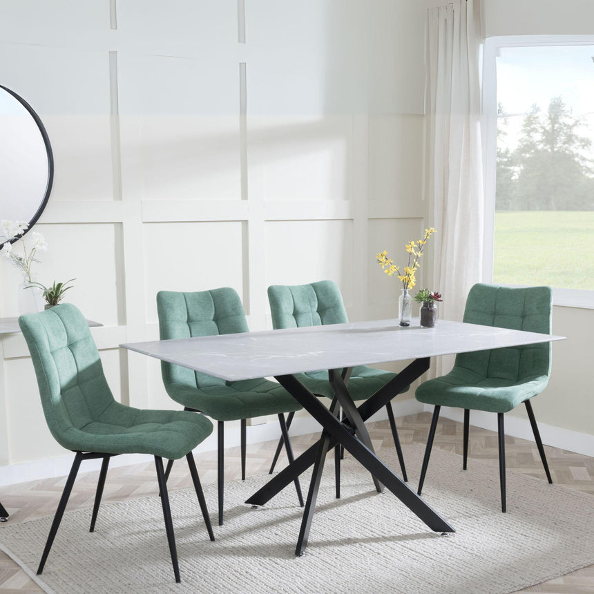 Clearance - Chopstick Grey Glass and Black Metal Dining Set - Corona Green Fabric Chairs-6