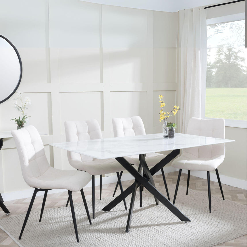 Clearance - Chopstick White Glass and Black Metal Dining Set - Corona Beige Fabric Chairs-3