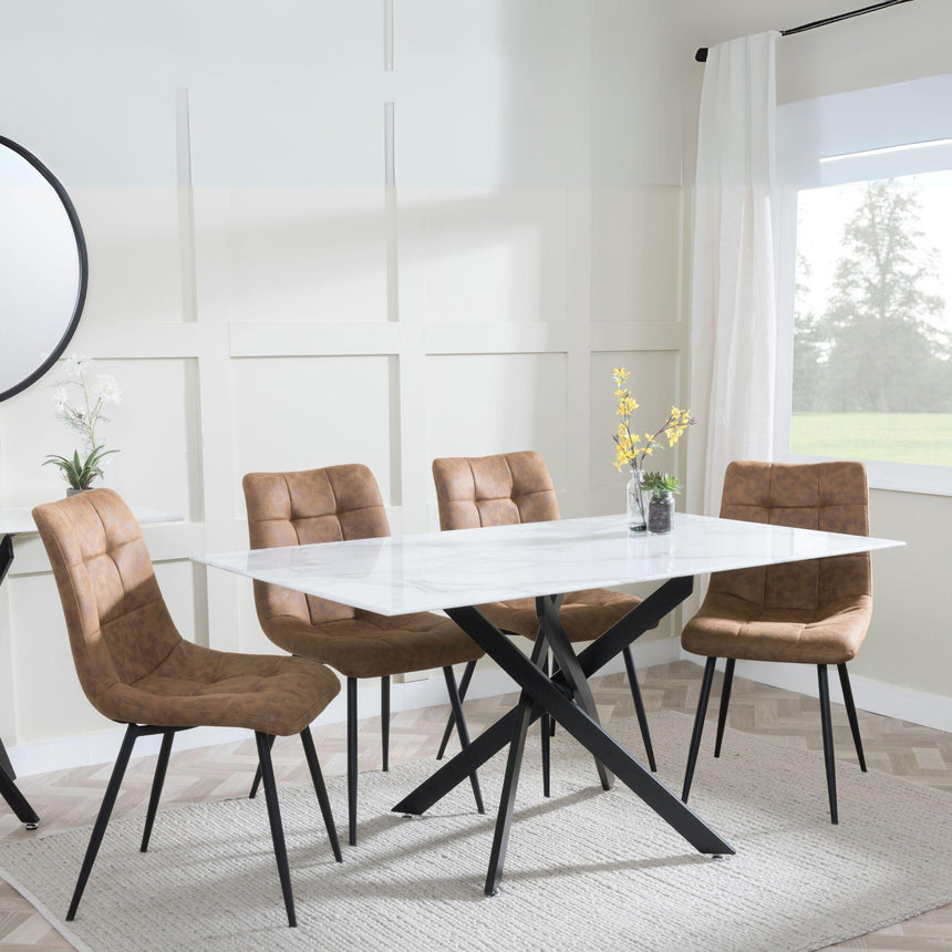 Clearance - Chopstick White Glass and Black Metal Dining Set - Corona Brown Fabric Chairs-8