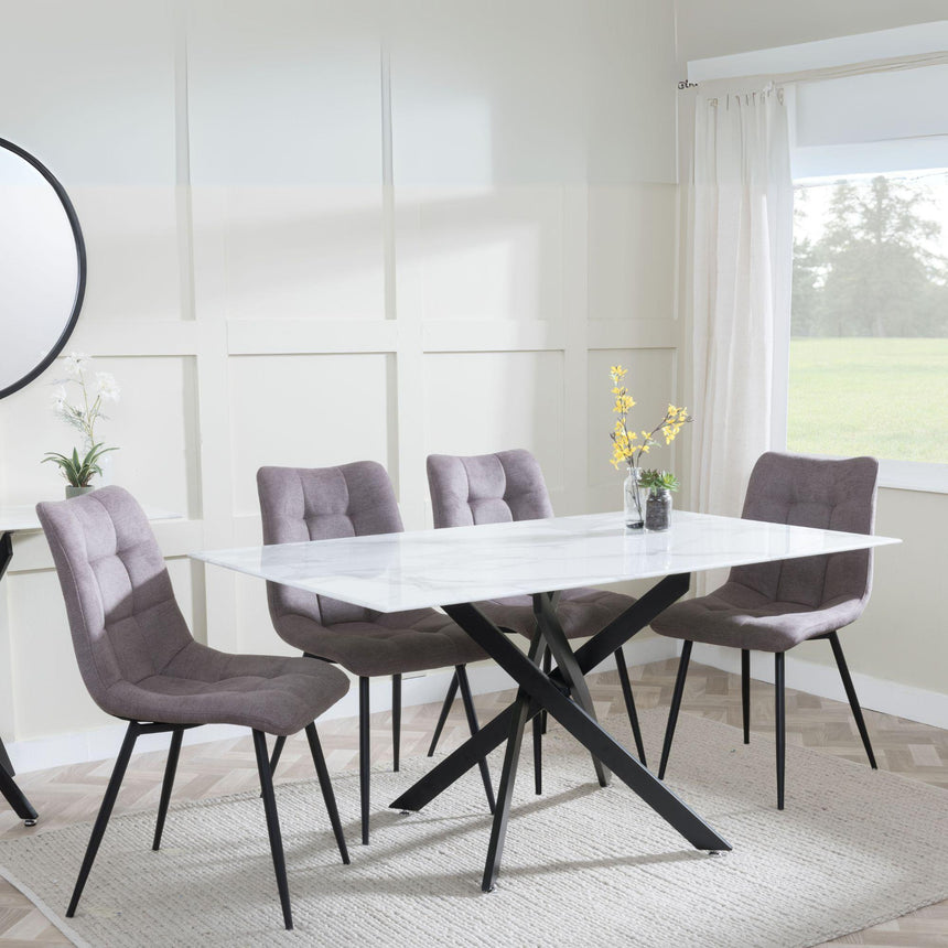 Clearance - Chopstick White Glass and Black Metal Dining Set - Corona Camel Fabric Chairs-4