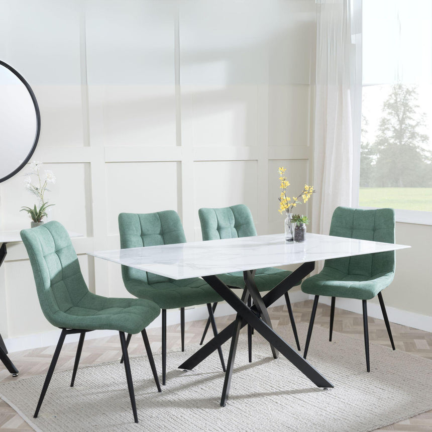 Clearance - Chopstick White Glass and Black Metal Dining Set - Corona Green Fabric Chairs-7