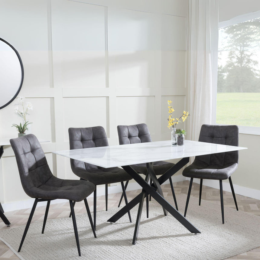 Ashley White Glass and Black Metal Dining Set - Bolzano Fabric Dining Chairs
