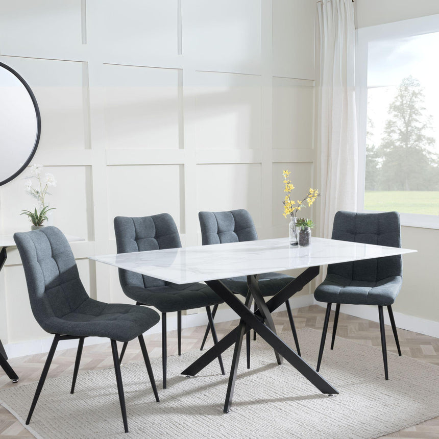 Ashley White Glass and Black Metal Dining Set - Bolzano Fabric Dining Chairs