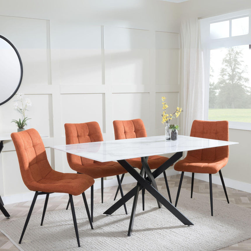 Clearance - Chopstick White Glass and Black Metal Dining Set - Corona Orange Fabric Chairs-2