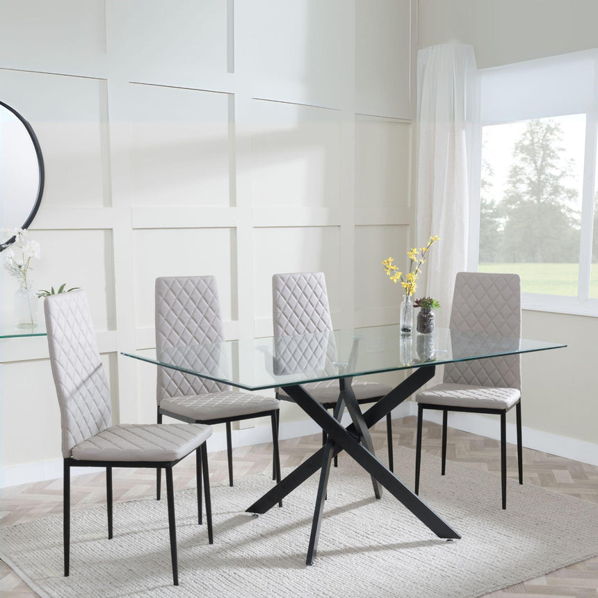 Clearance - Chopstick Clear Glass and Black Metal Dining Set - Metro Beige Leather Chairs with Black Legs