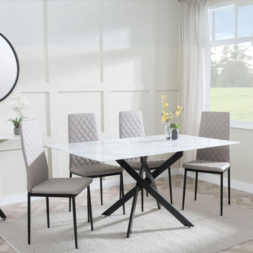 Clearance - Chopstick White Glass and Black Metal Dining Set - Metro Beige Leather Chairs with Black Legs-5