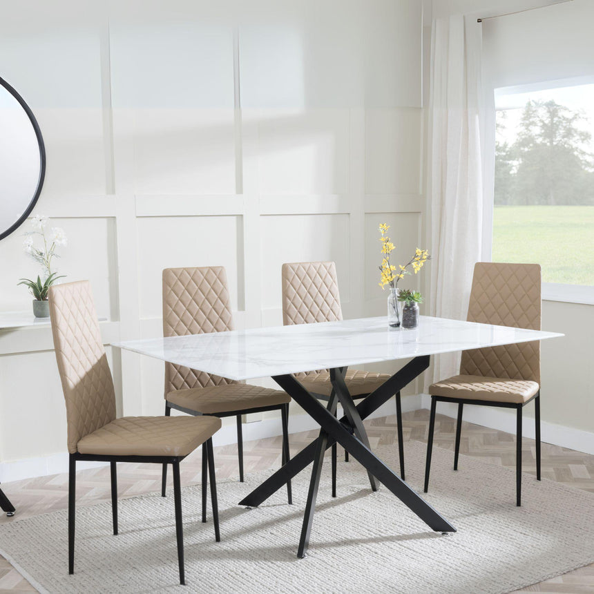 Clearance - Chopstick White Glass and Black Metal Dining Set - Metro Cappuccino Leather Chairs with Black Legs-2