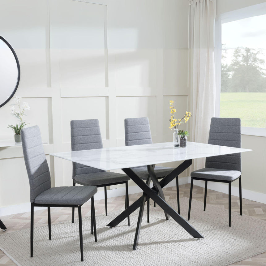 Clearance - Chopstick White Glass and Black Metal Dining Set - Lido Dark Grey Fabric Chairs with Black Legs-5