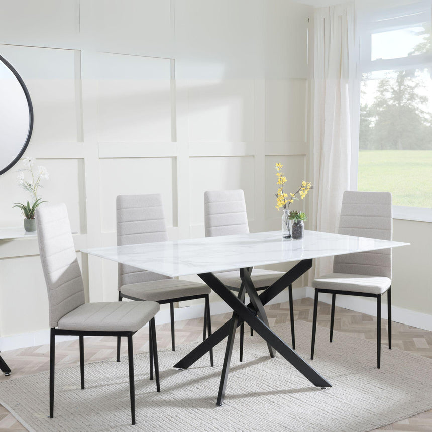Clearance - Chopstick White Glass and Black Metal Dining Set - Lido Sand Fabric Chairs with Black Legs