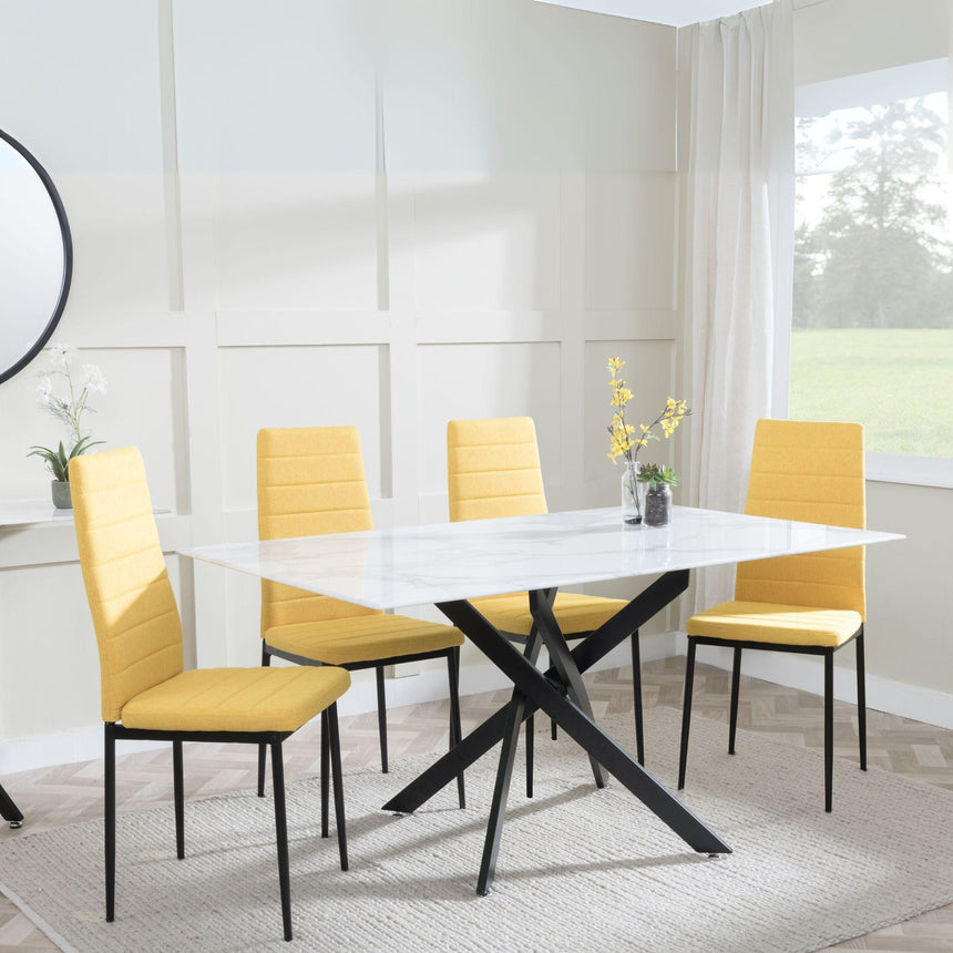 Clearance - Chopstick White Glass and Black Metal Dining Set - Lido Yellow Fabric Chairs with Black Legs
