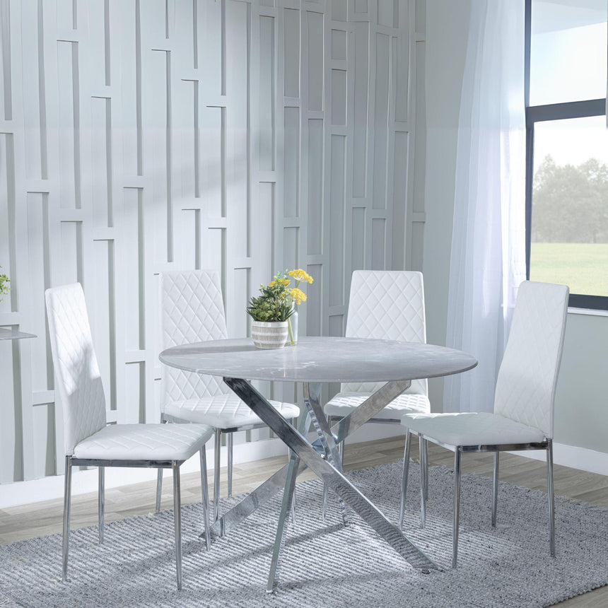 Chopstick Grey Glass and Chrome Metal 4 Seater Round Dining Set - 4 Metro White Leather Chairs with Chrome Legs-4
