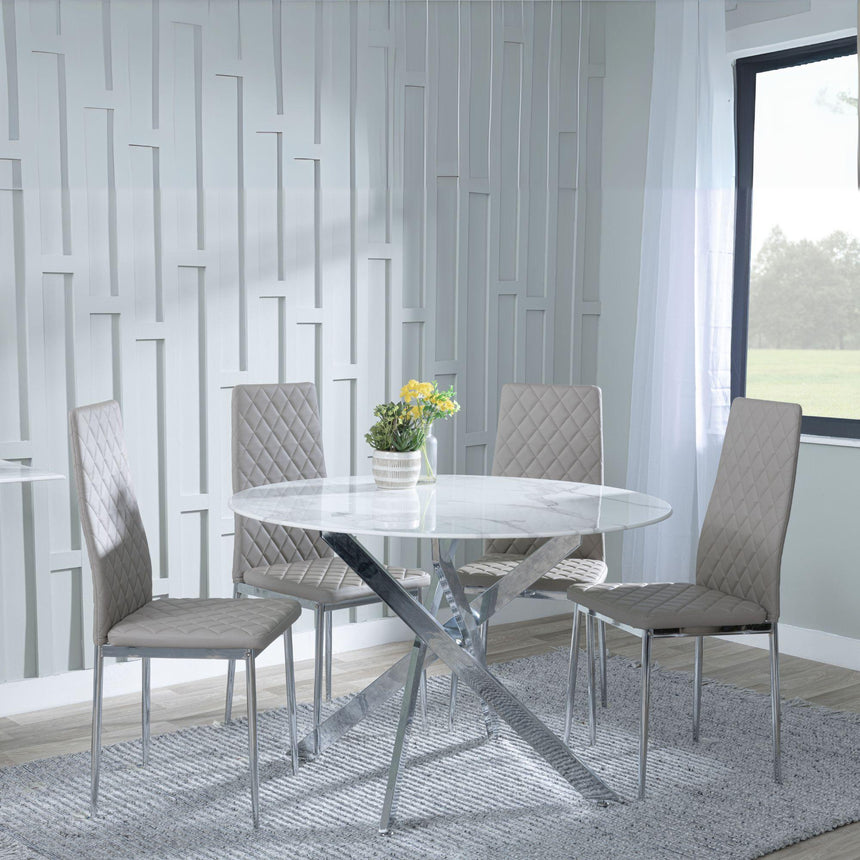 Clearance - Chopstick White Glass and Chrome Metal 4 Seater Round Dining Set - 4 Metro Beige Leather Chairs with Chrome Legs-4