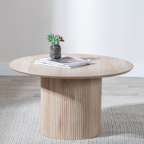 Bern Fluted Oak Effect Round Coffee Table with Drum Base-2