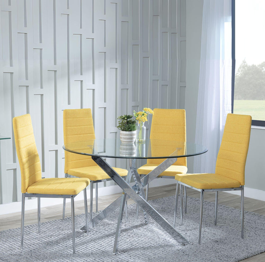 Chopstick Clear Glass and Chrome Metal 4 Seater Round Dining Set - 4 Lido Yellow Fabric Chairs with Chrome Legs-5