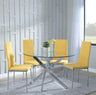 Chopstick Clear Glass and Chrome Metal 4 Seater Round Dining Set - 4 Lido Yellow Fabric Chairs with Chrome Legs-5