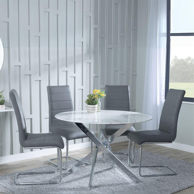 Clearance - Chopstick White Glass and Chrome Metal 4 Seater Round Dining Set - 4 Roma Grey Faux Leather Dining Chair