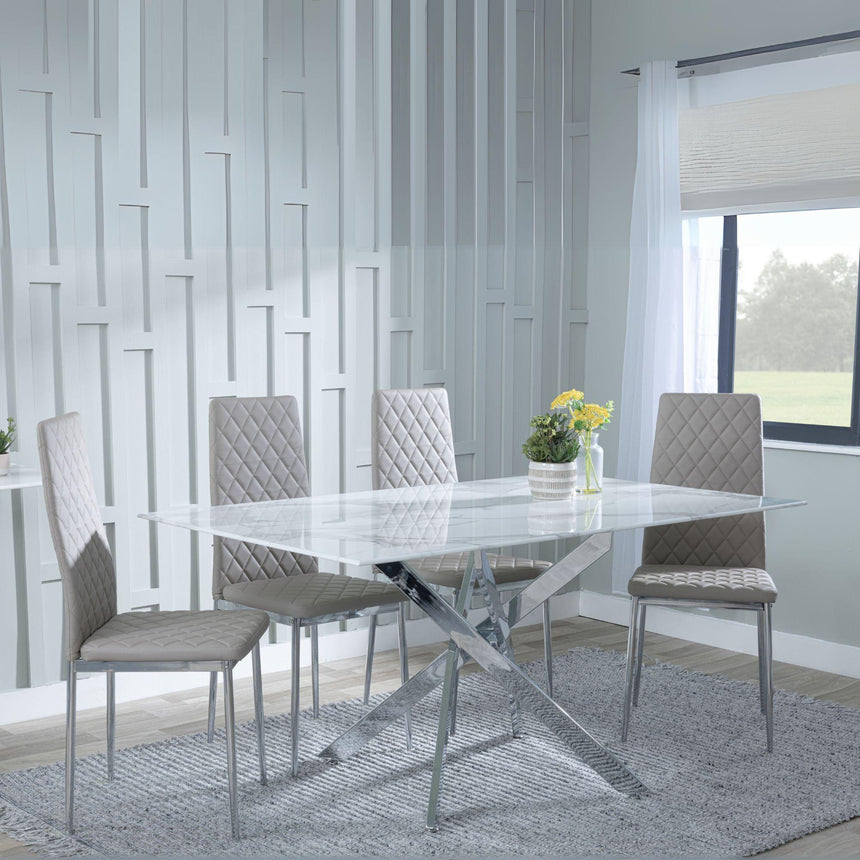Clearance - Chopstick White Glass and Chrome Metal Dining Set - Metro Beige Leather Chairs with Chrome Legs-4