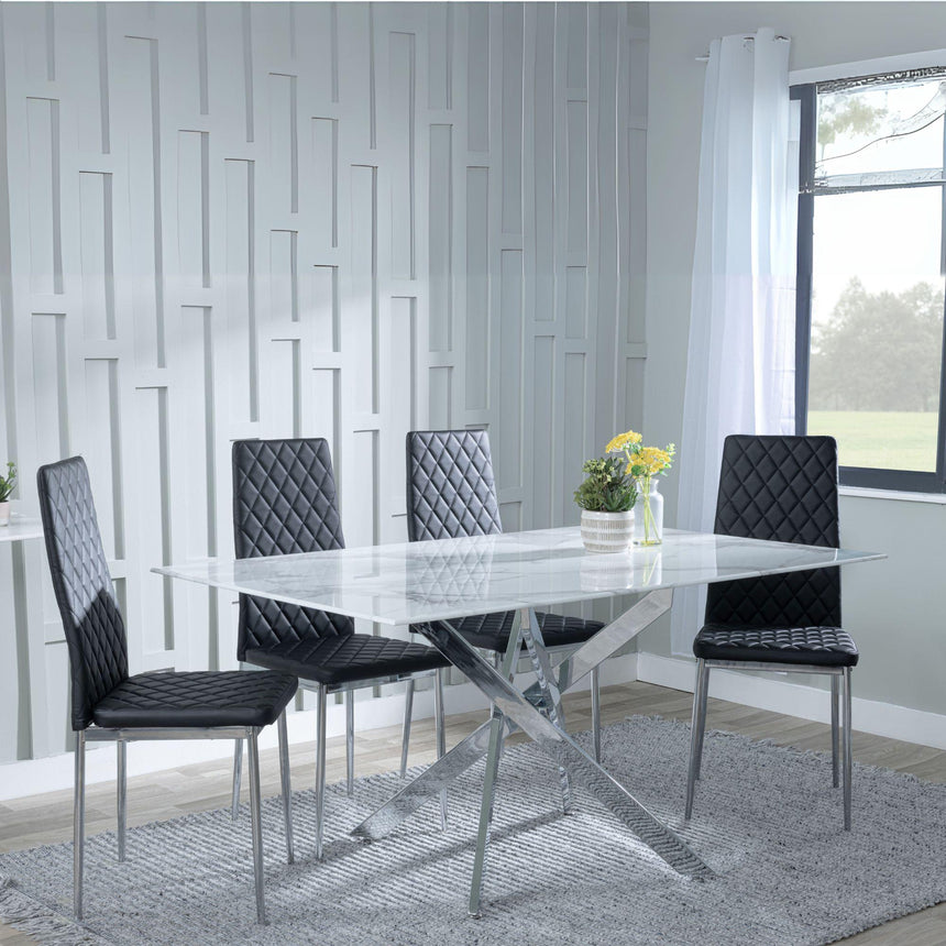 Clearance - Chopstick White Glass and Chrome Metal Dining Set - Metro Black Leather Chairs with Chrome Legs-2