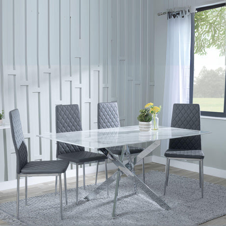 Chopstick White Glass and Chrome Metal Dining Set - Metro Grey Leather Chairs with Chrome Legs-2