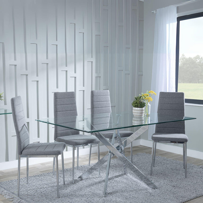 Clearance - Chopstick Clear Glass and Chrome Metal Dining Set - Lido Dark Grey Fabric Chairs with Chrome Legs-5