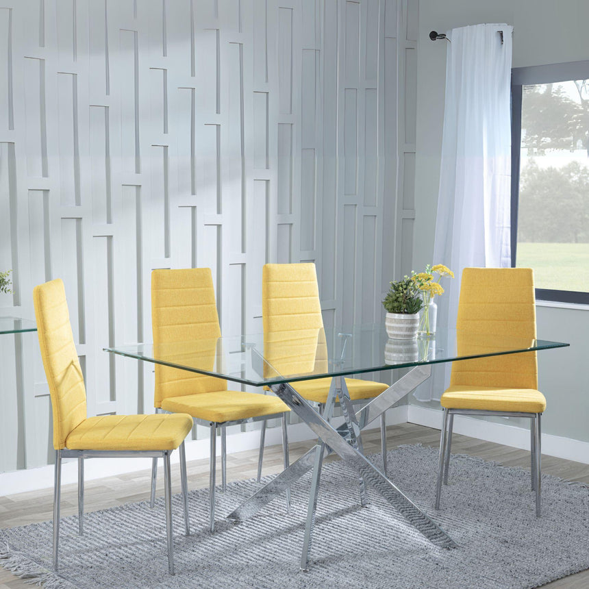 Clearance - Chopstick Clear Glass and Chrome Metal Dining Set - Lido Yellow Fabric Chairs with Chrome Legs-5
