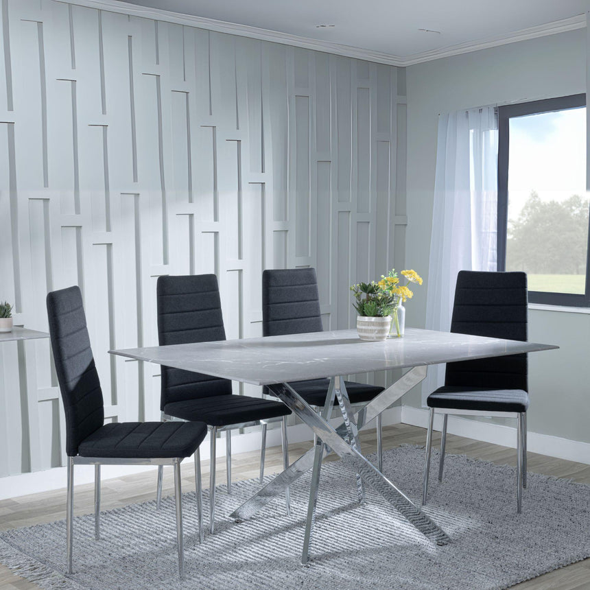 Clearance - Chopstick Grey Glass and Chrome Metal Dining Set - Lido Black Fabric Chairs with Chrome Legs-3