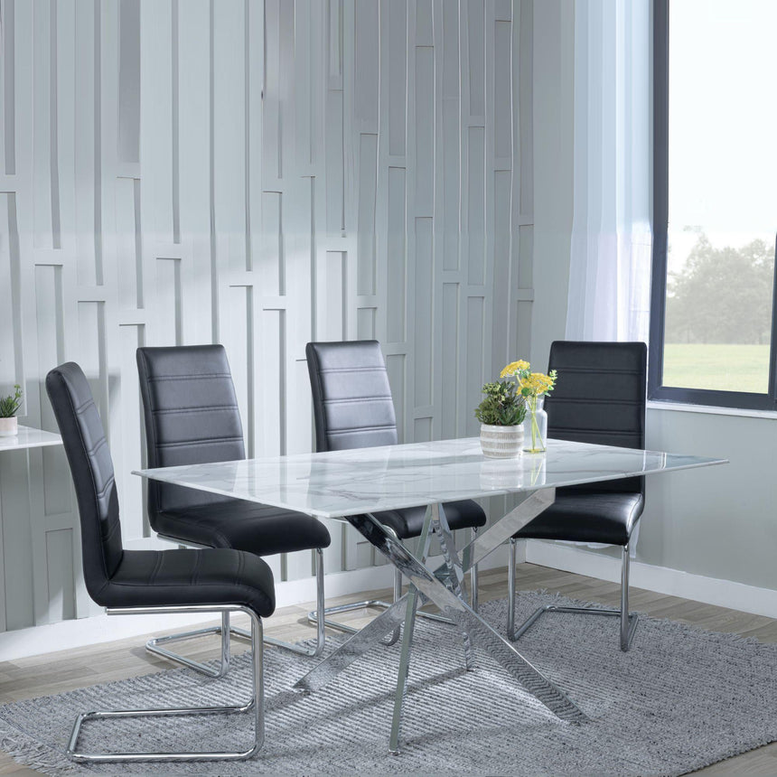 Clearance - Chopstick White Glass and Chrome Metal Dining Set - Roma Black Faux Leather Dining Chair-2