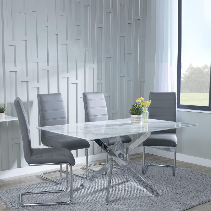 Ashley White Glass and Chrome Metal Dining Set - Romi Faux Leather Dining Chairs