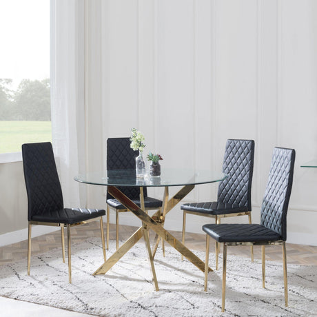 Chopstick Clear Glass and Gold Metal 4 Seater Round Dining Set - 4 Metro Black Leather Chairs with Gold Legs-3