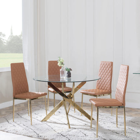 Chopstick Clear Glass and Gold Metal 4 Seater Round Dining Set - 4 Metro Burnt Orange Leather Chairs with Gold Legs