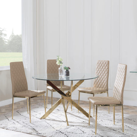 Chopstick Clear Glass and Gold Metal 4 Seater Round Dining Set - 4 Metro Cappuccino Leather Chairs with Gold Legs-6