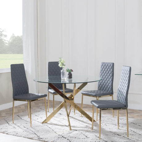 Chopstick Clear Glass and Gold Metal 4 Seater Round Dining Set - 4 Metro Grey Leather Chairs with Gold Legs-2