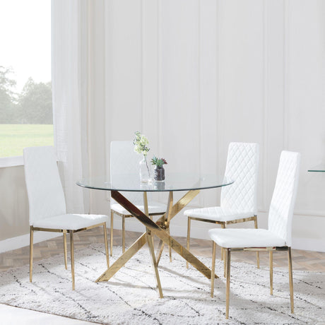 Chopstick Clear Glass and Gold Metal 4 Seater Round Dining Set - 4 Metro White Leather Chairs with Gold Legs-4