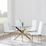 Chopstick Clear Glass and Gold Metal 4 Seater Round Dining Set - 4 Metro White Leather Chairs with Gold Legs-4