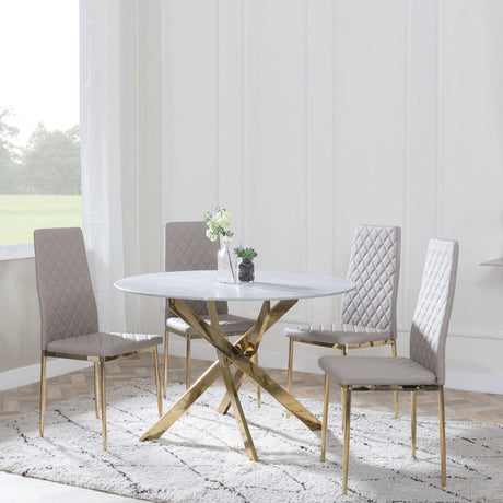 Chopstick Grey Glass and Gold Metal 4 Seater Round Dining Set - 4 Metro Beige Leather Chairs with Gold Legs-5