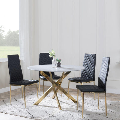 Chopstick Grey Glass and Gold Metal 4 Seater Round Dining Set - 4 Metro Black Leather Chairs with Gold Legs-3