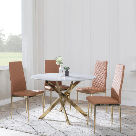 Chopstick Grey Glass and Gold Metal 4 Seater Round Dining Set - 4 Metro Burnt Orange Leather Chairs with Gold Legs-6