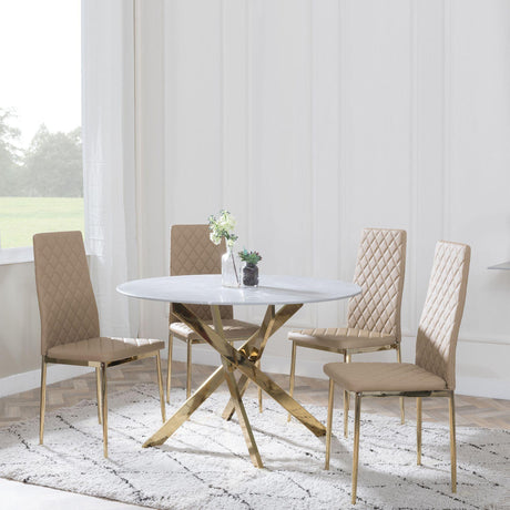 Chopstick Grey Glass and Gold Metal 4 Seater Round Dining Set - 4 Metro Cappuccino Leather Chairs with Gold Legs