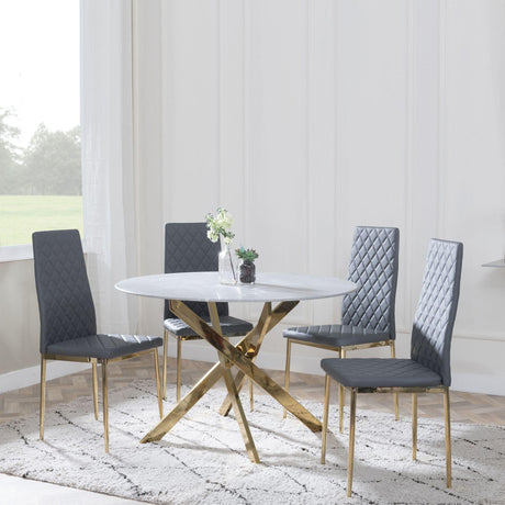 Chopstick Grey Glass and Gold Metal 4 Seater Round Dining Set - 4 Metro Grey Leather Chairs with Gold Legs-2