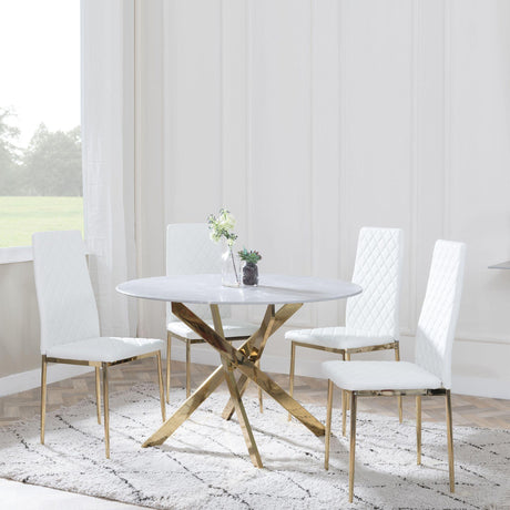 Chopstick Grey Glass and Gold Metal 4 Seater Round Dining Set - 4 Metro White Leather Chairs with Gold Legs-4