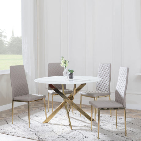 Chopstick White Glass and Gold Metal 4 Seater Round Dining Set - 4 Metro Beige Leather Chairs with Gold Legs-4