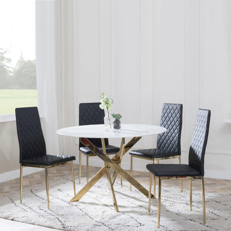 Chopstick White Glass and Gold Metal 4 Seater Round Dining Set - 4 Metro Black Leather Chairs with Gold Legs-2