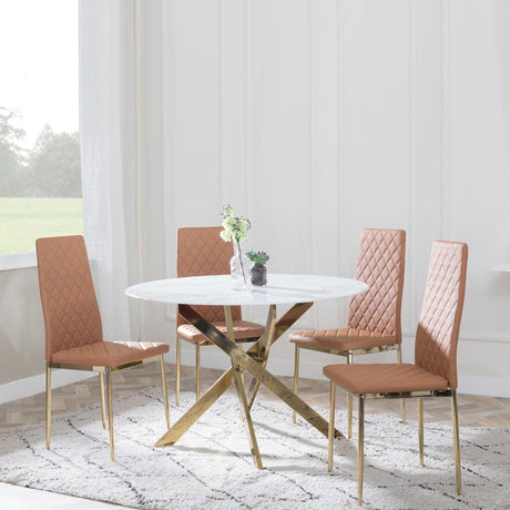 Chopstick White Glass and Gold Metal 4 Seater Round Dining Set - 4 Metro Burnt Orange Leather Chairs with Gold Legs-6