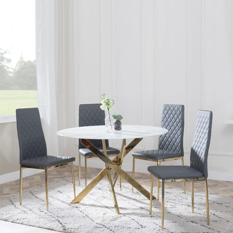 Chopstick White Glass and Gold Metal 4 Seater Round Dining Set - 4 Metro Grey Leather Chairs with Gold Legs