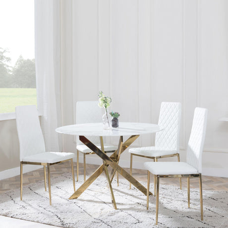 Chopstick White Glass and Gold Metal 4 Seater Round Dining Set - 4 Metro White Leather Chairs with Gold Legs-3