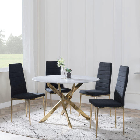 Chopstick Blue Glass and Gold Metal 4 Seater Round Dining Set - 4 Lido Black Fabric Chairs with Gold Legs-4