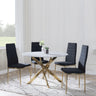 Chopstick Blue Glass and Gold Metal 4 Seater Round Dining Set - 4 Lido Black Fabric Chairs with Gold Legs-4
