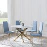 Chopstick Blue Glass and Gold Metal 4 Seater Round Dining Set - 4 Lido Blue Fabric Chairs with Gold Legs-2
